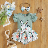 RomiLdi Baby Girl Clothes Easter Set Cute Rabbit Print Short Sleeve Bodysuit Top Floral Shorts Bow Headband