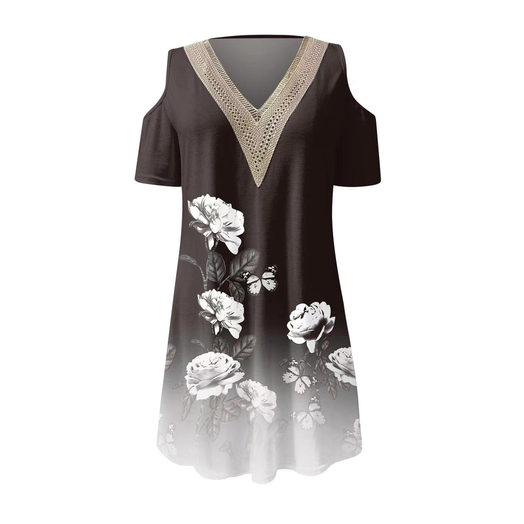 rRomildi Women's Casual Dresses Hollow out Sleeve Lace V-Neck Floral Print Mini Dress