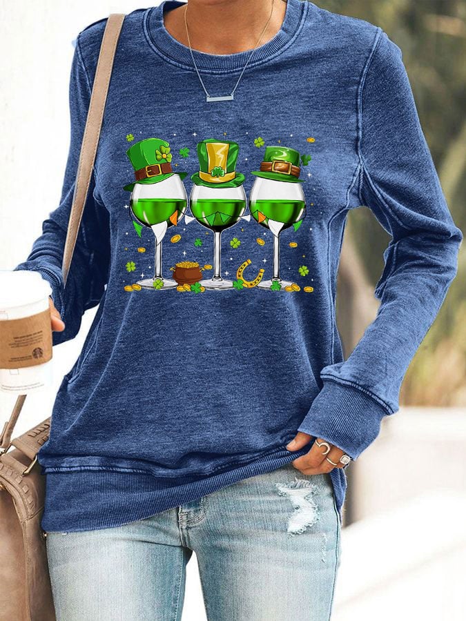 RomiLdi Women's St Patrick's Day Shamrock Wine Glasses Print Sweatshirt