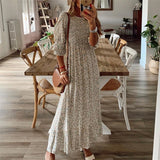 rRomildi Women's Boho Beach Maxi Dress Floral Print Mid-Sleeve Bohemian Summer Dress