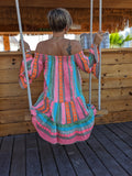 rRomildi Women's Boho Beach Dress off Shoulder Bell Sleeve Bohemian Mini Dress