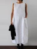 RomiLdi Solid Color Sleeveless Cotton Linen Dress for Women