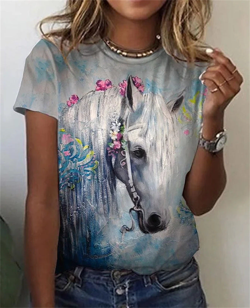rRomildi Women's 3D Horse Print T-Shirt Crew Neck Short Sleeve Tee