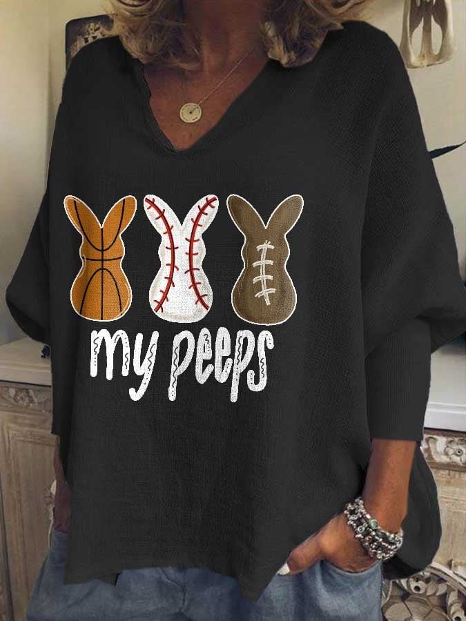 RomiLdi Women's My Peeps Easter Bunny Print Long Sleeve V-Neck T-Shirt