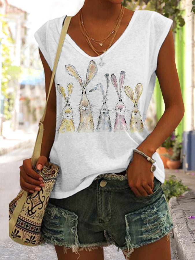 RomiLdi Women's Eatser Watercolor Hare Print Sleeveless Tee