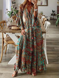 rRomildi Women's Bohemian Dress V-neck Floral Printed Puff Long Sleeve Boho Beach Dress