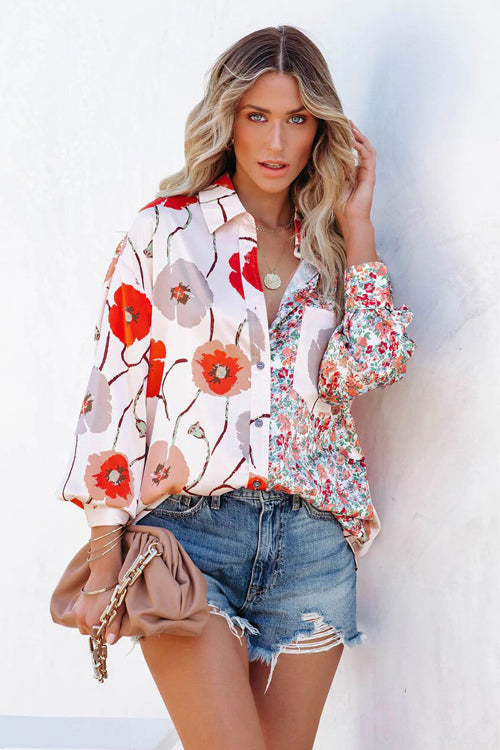 RomiLdi Sexy Floral Print V-Neck Loose Button Down Blouse Top Holiday Boho Shirt