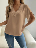 rRomildi Women's Casual Shirt Lace V-Neck Solid Chiffon Blouse