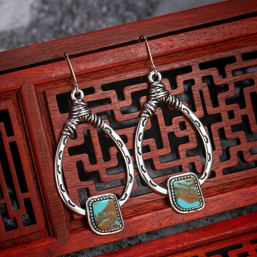 RomiLdi Vintage Earrings Boho Turquoise Ethnic Jewelry Western Cowgirl Engraving Hoop Earring