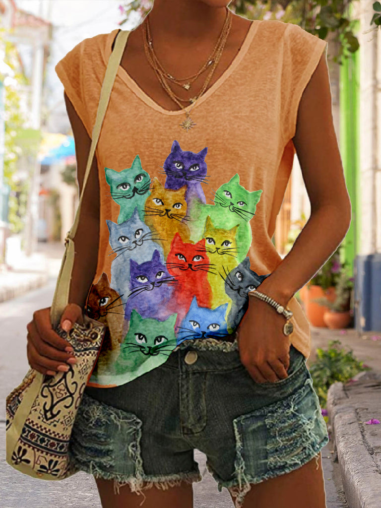 rRomildi Women's Cute Cats Painting For Cat Lover  Cap Sleeve T-Shirt