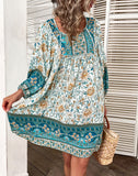 RomiLdi Womens Dress Bohemian Floral Print V-Neck Long Sleeve Loose Mini Boho Dress