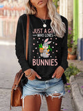 RomiLdi Women's Easter Just A Girl Who Loves Bunnies Printed Long-Sleeve T-Shirt