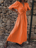 RomiLdi Women's Holiday Dress High Waist V Neck Puff Sleeve Midi Solid Dress