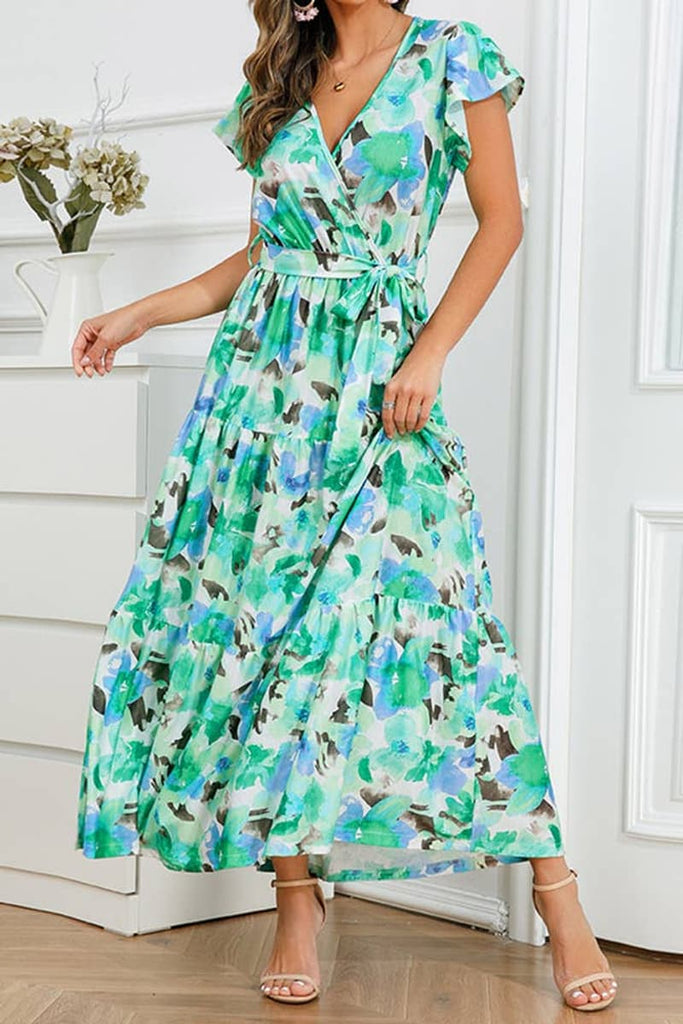 rRomildi Women's Beach Dress Bohemian Boho Dress V Neck Flare Sleeves Floral Maxi Dress