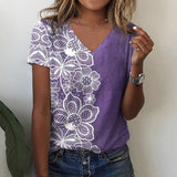 rRomildi Women's Floral Patchwork Print T-Shirt V-Neck Short Sleeve Tee