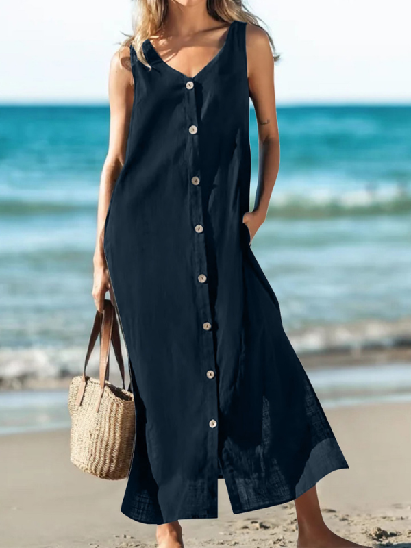 rRomildi Women's Linen Dresses Solid Sleeveless V-Neck Single-Breasted Cotton Linen Casual Midi Dress
