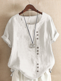rRomildi Women's Cotton Linen Shirt Short Sleeve Crew Neck Loose Linen Blouse