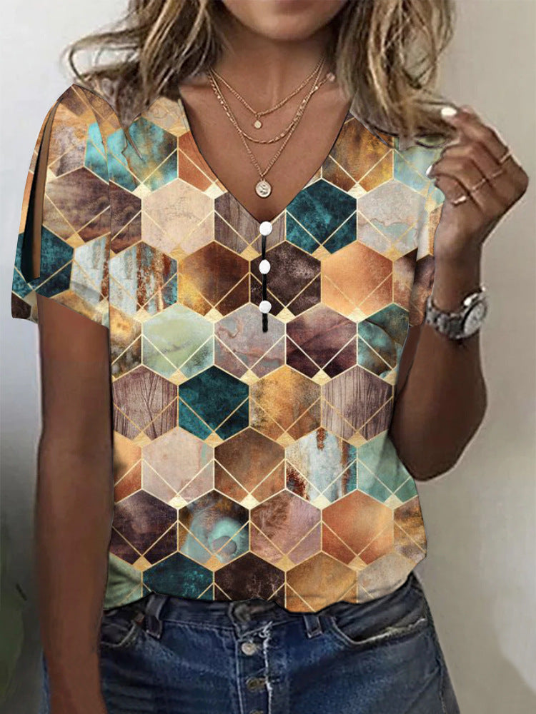 rRomildi Women's Retro Geometric Print Tee Casual V-Neck T-Shirts