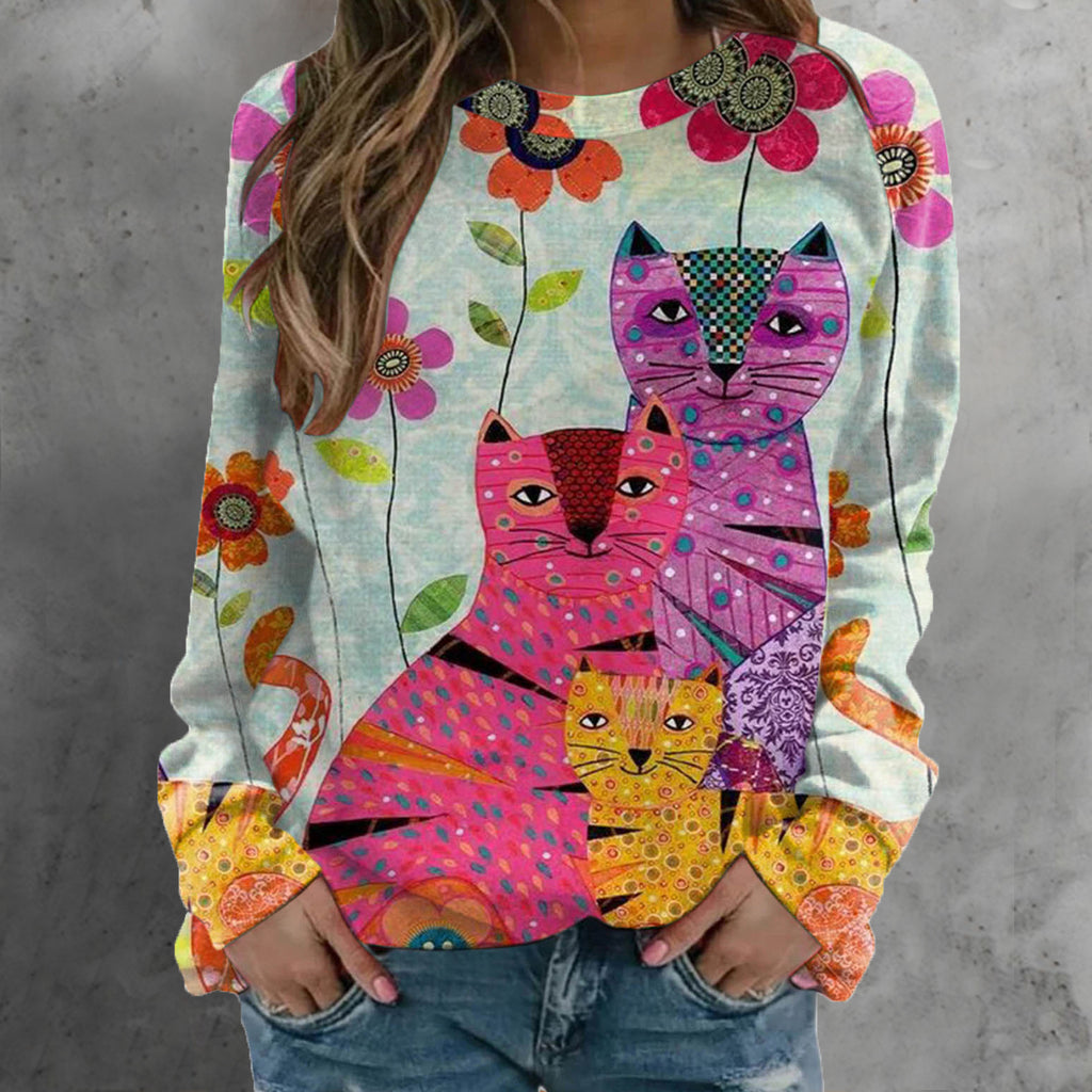 RomiLdi Women's Casual Top Cute Cat Print Crew Neck Long Sleeve T-Shirt