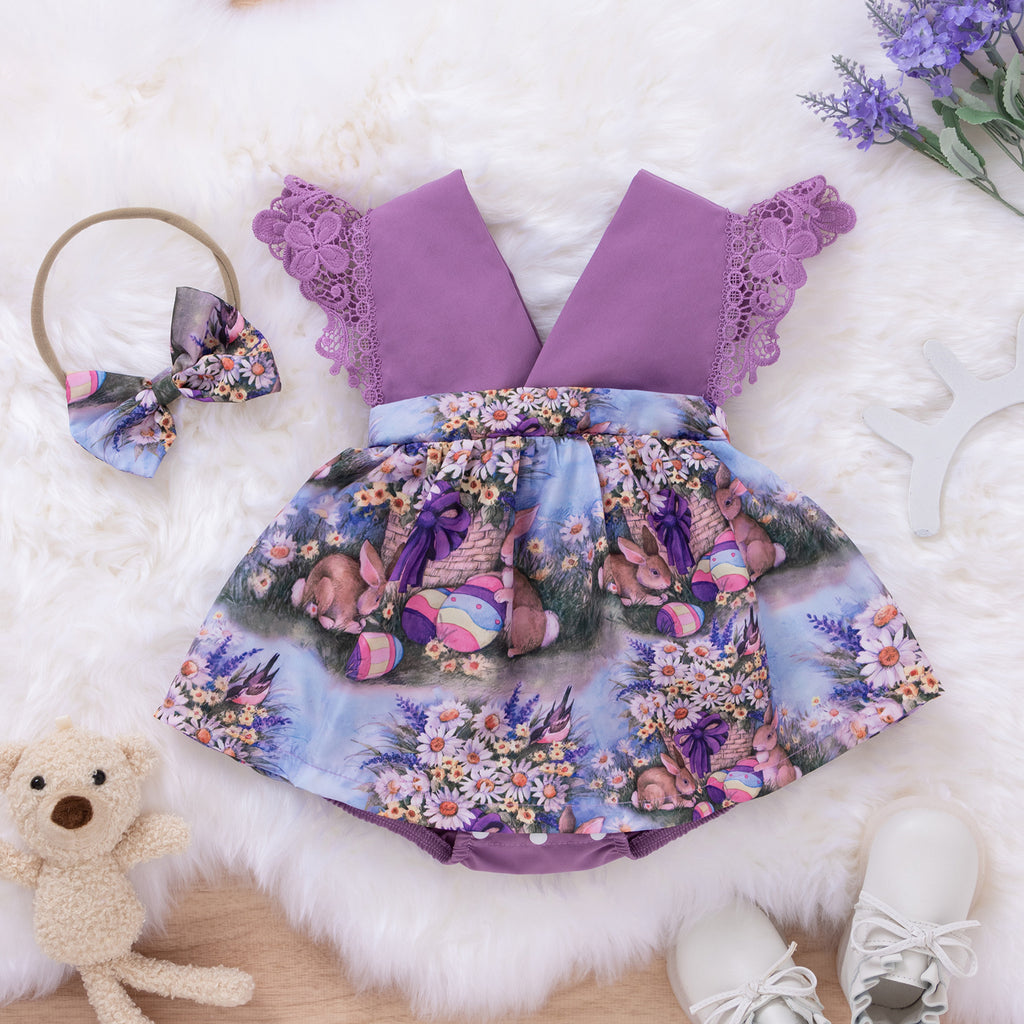 RomiLdi Pretty Lace Easter Bunny Print Lace Patchwork V-Neck Toddler Sleeveless Jumpsuits With Headband