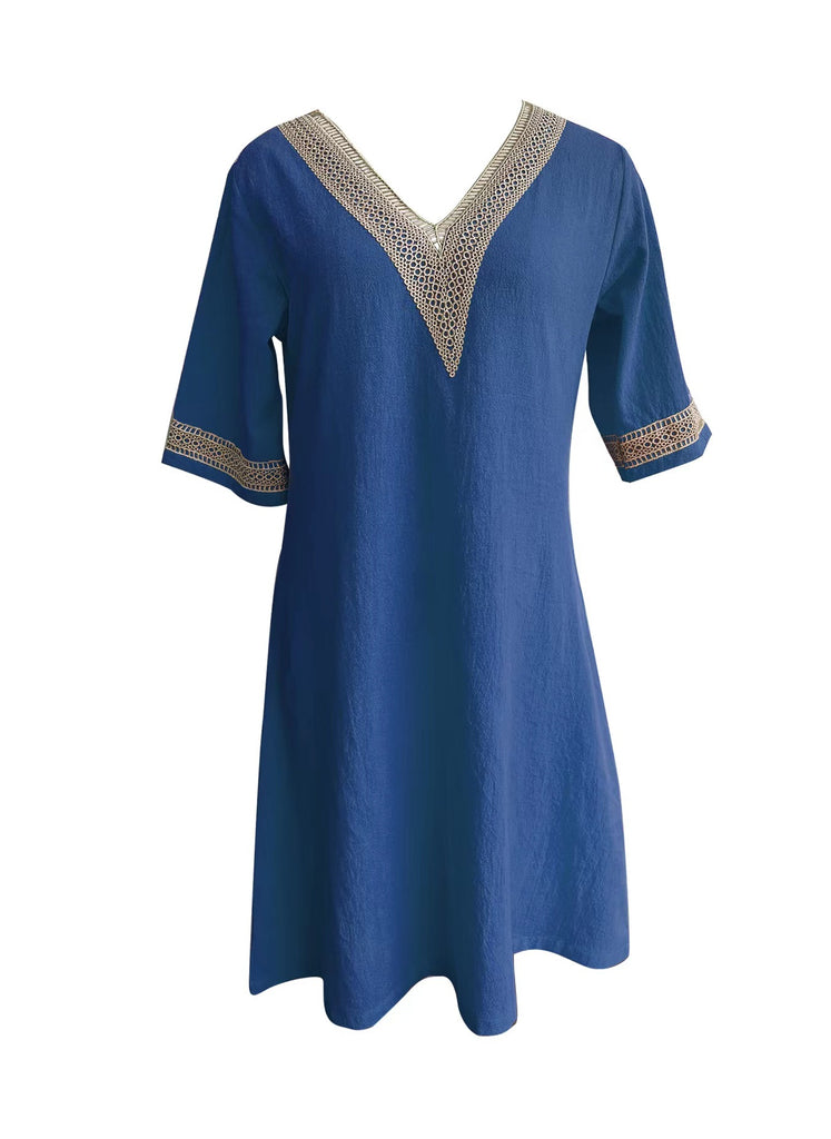 rRomildi Women's Holiday Dresses Lace V-Neck Mid Sleeve Casual Cotton Linen Dress