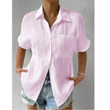 rRomildi Women's Casual Shirt Short Sleeve Lapel Pleated Blouses