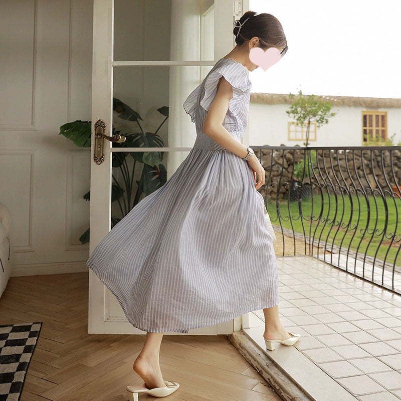 rRomildi Women's Cotton and Linen Dress Striped Print V-Neck Flare Sleeve France Style Dress