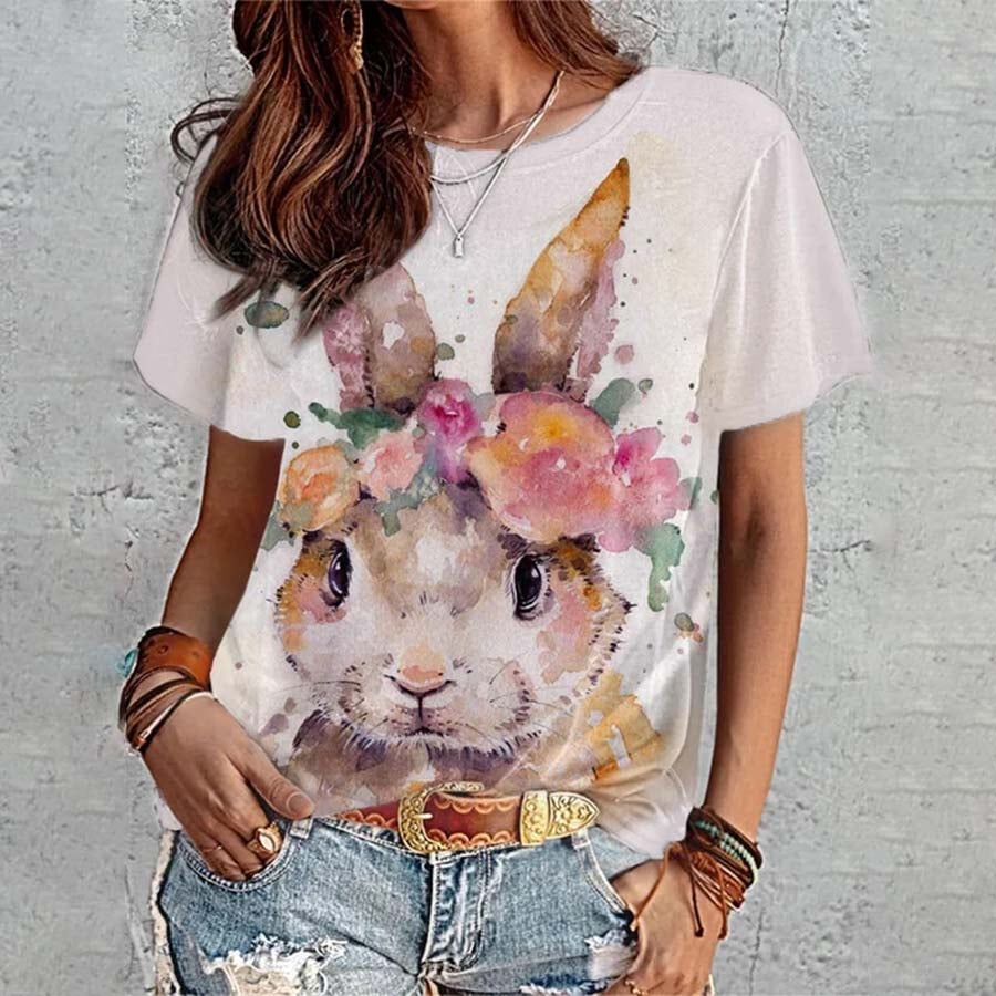 RomiLdi Bunny Floral Print Happy Easter Short Sleeve Casual Top