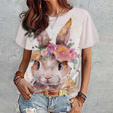 RomiLdi Bunny Floral Print Happy Easter Short Sleeve Casual Top