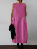 RomiLdi Solid Color Sleeveless Cotton Linen Dress for Women