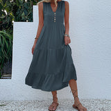 rRomildi Women's Holiday Beach Dress V-Neck Sleeveless Buttoned Tiered Midi Dress