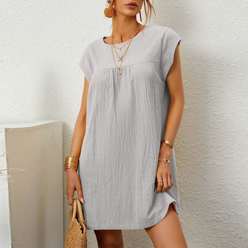 rRomildi Women's Cotton Linen Dress Crew Neck Soft Linen Mini Dress