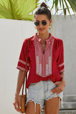 rRomildi Women's Embroidery Blouse Top V-Neck Mid-Sleeves Tribal Embroidery Blouse