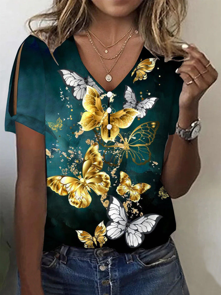 rRomildi Women's Blue Butterfly Print Top V-Neck Short Sleeve T-Shirts
