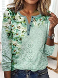 RomiLdi Women's Green Floral Printed Crew Neck Long Sleeve Vintage Retro T-Shirt Top