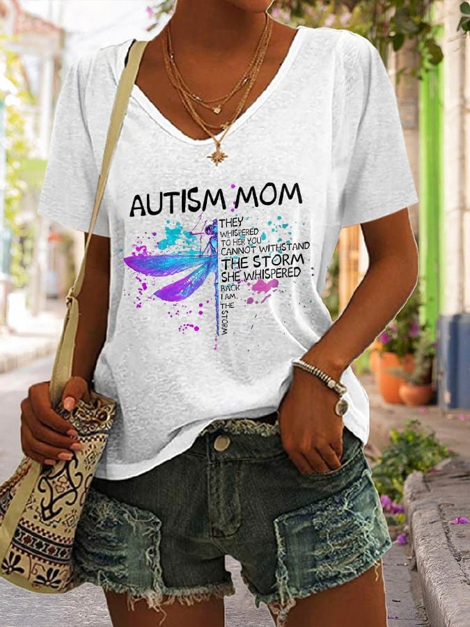 RomiLdi V-neck Retro Dragonfly Autism Mom I Am The Storm Print T-Shirt