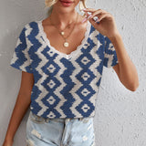 rRomildi Women's Vintage Geometric Print Tee Casual Lace V-Neck T-Shirts