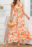 rRomildi Women's Beach Dress Bohemian Boho Dress V Neck Flare Sleeves Floral Maxi Dress
