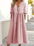rRomildi Women's Cotton Linen Dresses Lace V-Neck Mid Sleeve Casual Cotton Linen Dress
