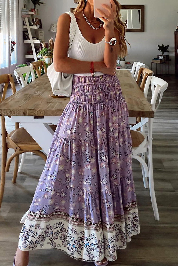 rRomildi Purple Floral Print Shirred High Waist Maxi Skirt