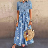 RomiLdi Casual Denim Skirt  with Lapel Pocket  Button Down Dress All  Scattered Stars Spring/Fall Dress