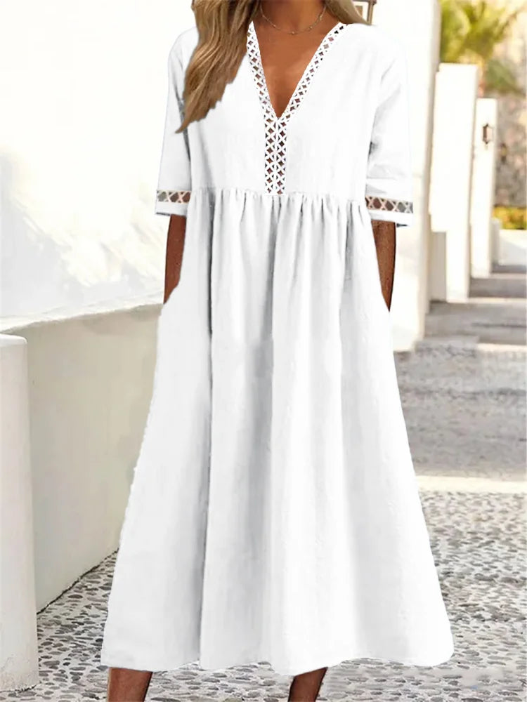 rRomildi Women's Cotton Linen Dresses Lace V-Neck Mid Sleeve Casual Cotton Linen Dress