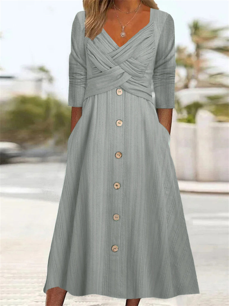 rRomildi Women's Spring Dress Cross V-Neck High Waist Solid Dress