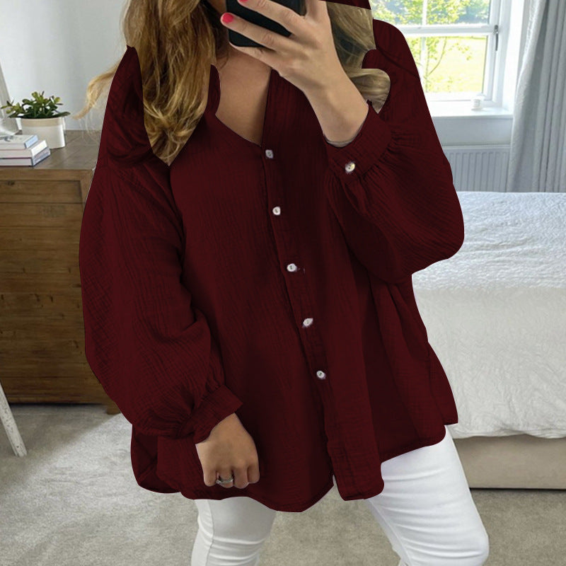 RomiLdi Women's Cotton Linen Shirt V-Neck Long Sleeve Solid Color Casual Loose Shirt