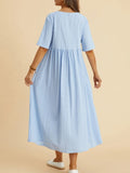 rRomildi Women's Cotton Linen Dress Crew Neck Short Sleeve Midi Linen Dress