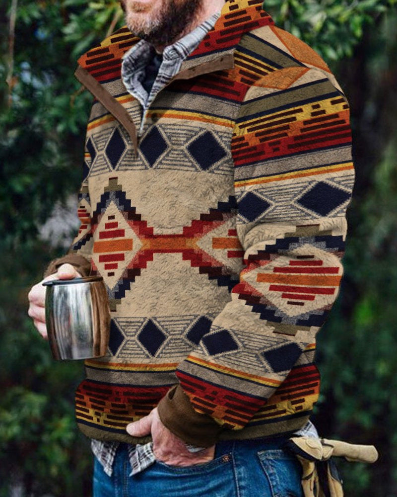 RomiLdi Men's Fleece Sweatshirt Western Retro Aztec Tribal Geometric Pattern Pullover Cowboy Sweatshirts