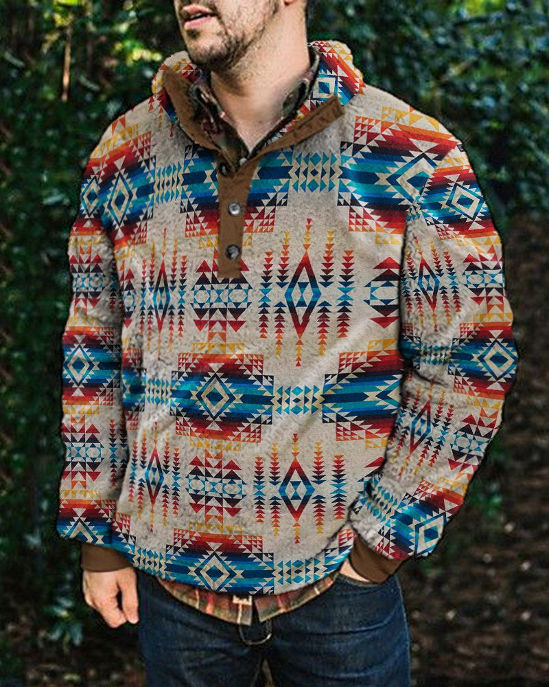 RomiLdi Men's Fleece Sweatshirt Western Retro Aztec Tribal Geometric Pattern Pullover Cowboy Sweatshirts