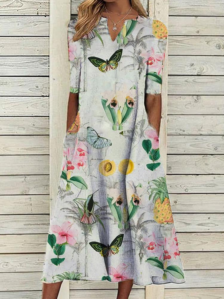 rRomildi Women's Spring Summer Dress V-Neck Floral Print Vintage Retro A Line Midi Dresses