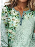 RomiLdi Women's Green Floral Printed Crew Neck Long Sleeve Vintage Retro T-Shirt Top