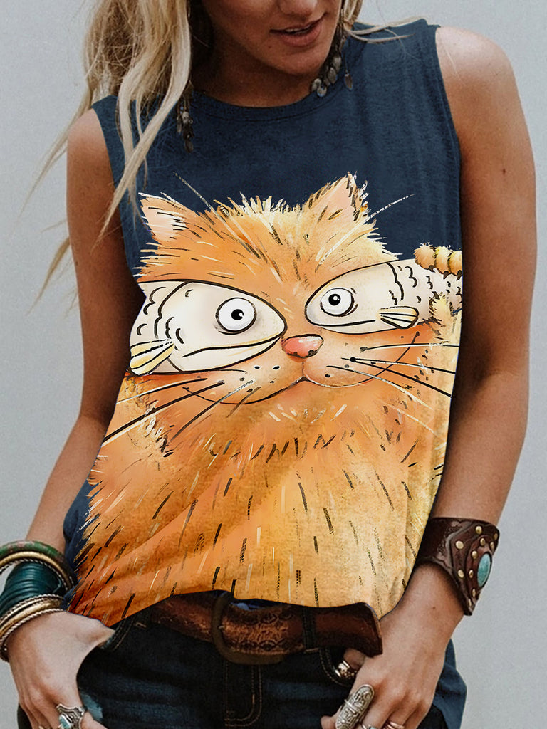 rRomildi Women's Cat Lover Vest Shirt, The Coffee Cat With Fish Cover The  Eyes Sleeveless Shirt